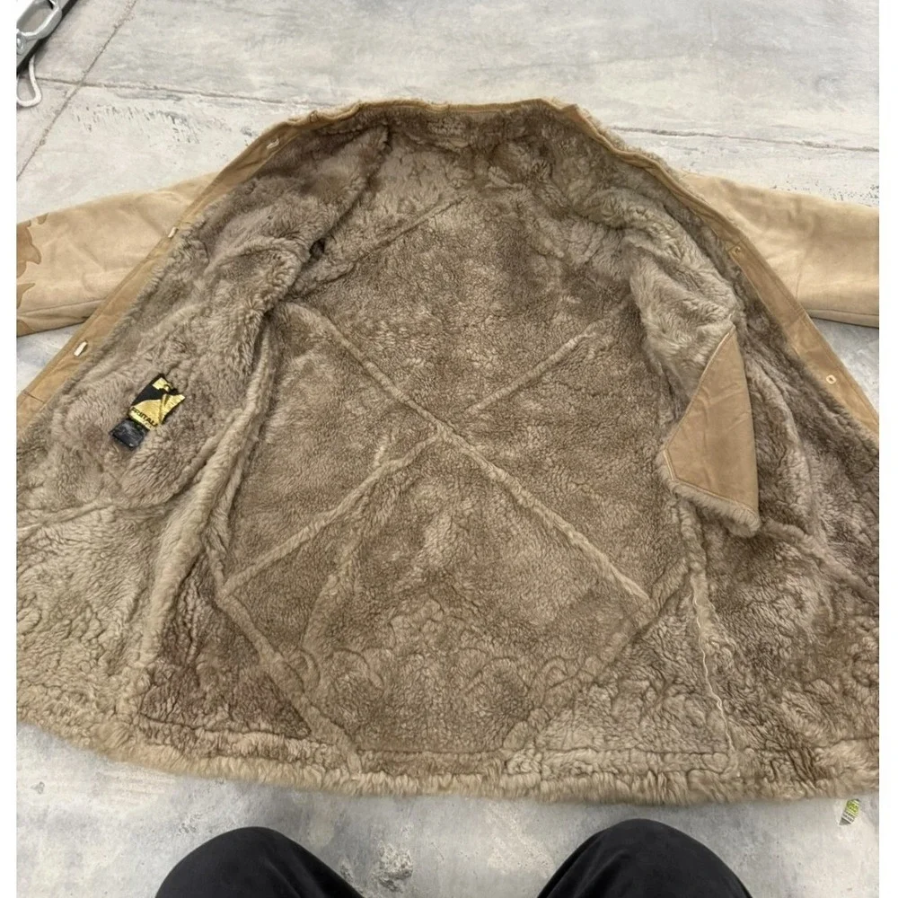 Vintage Suede Shearling Trim Coat Boho Festival Earthy‎ Tan